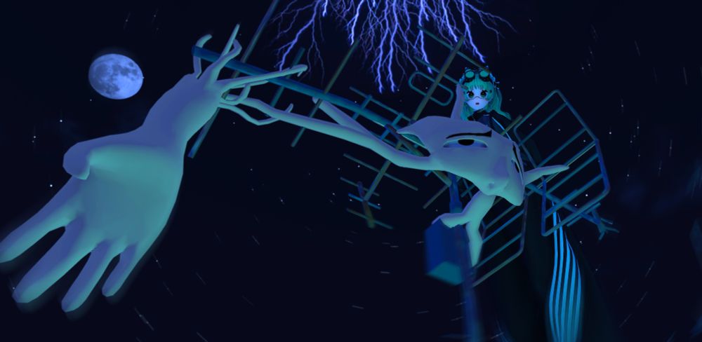 a man has been turned to cartoon goop and draped from a old rooftop antennae. Behind his sad melted face a anime girl finds him, shocked