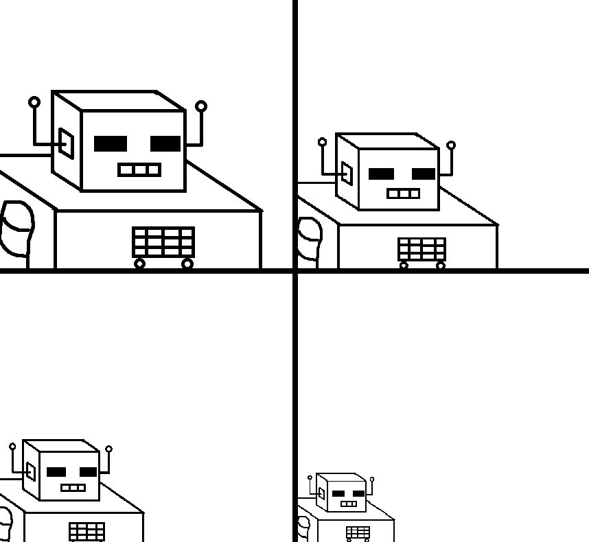 A crudely drawn four panel comic in which Sadbot is inactive. His eyes have grown dark.