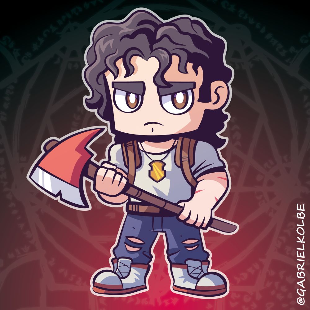 Aguiar, de Hexatombe - RPG de Ordem paranormal, em formato chibi, segurando um machado com as duas mãos e parecendo irritado.