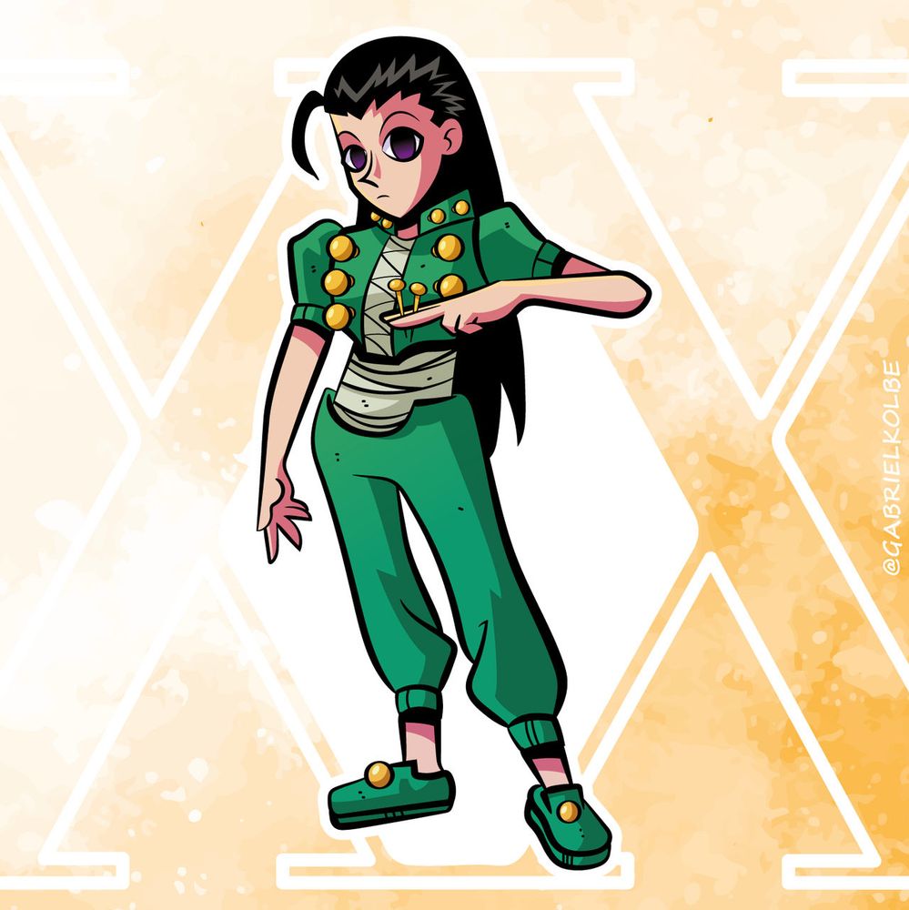 Illumi, from Hunter x Hunter, holding two golden pins with his left hand while he looks at the viewer with a blank stare