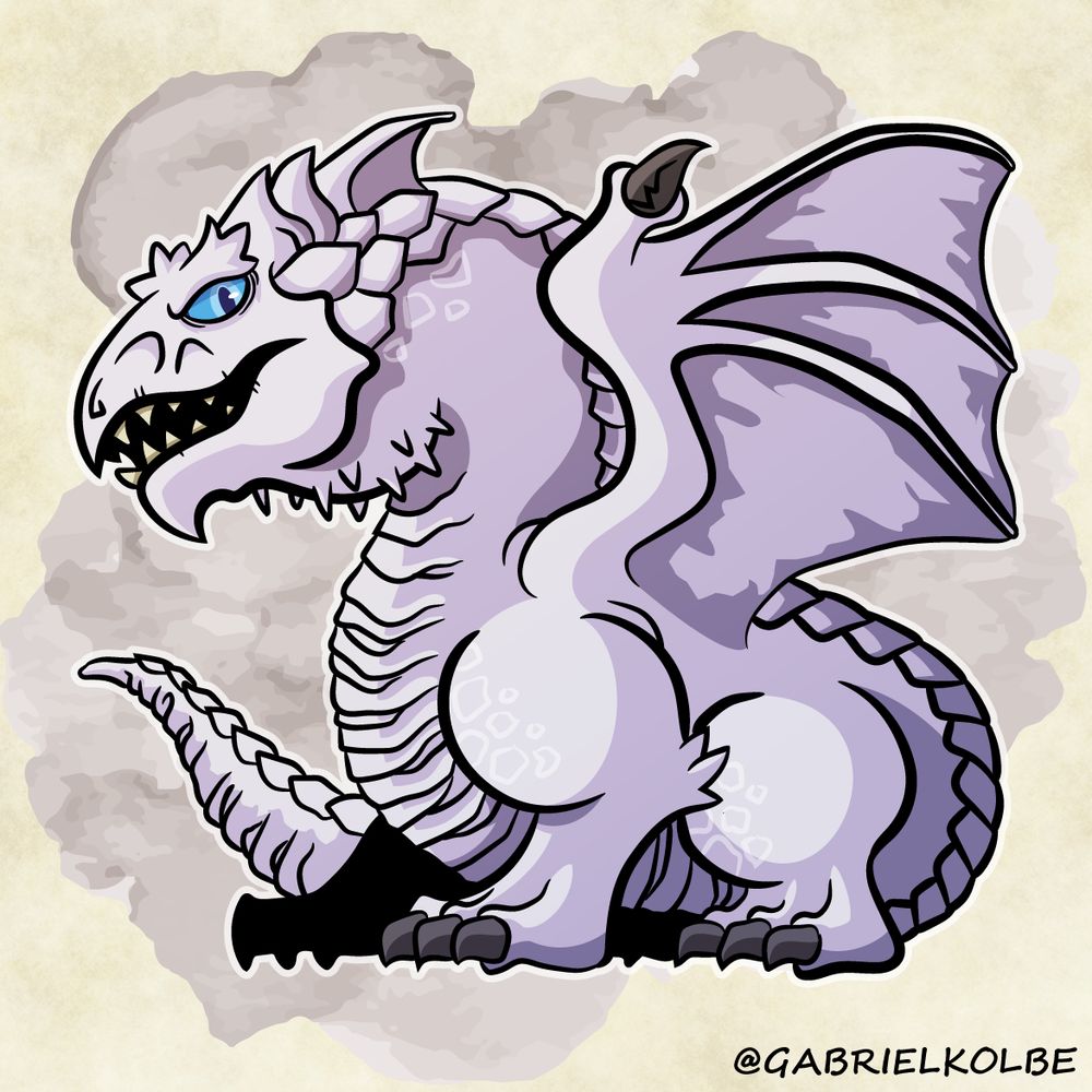 A white dragon in a chibi style but still a little menacing. He has blue eyes and is looking at the viewer with discontent 