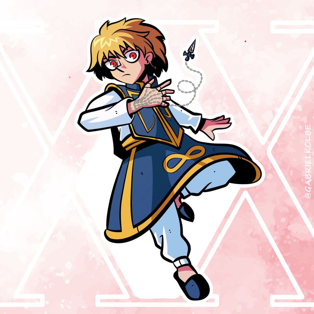 Kurapika, from Hunter x Hunter, jumping in the air with his chain ready to attack. His eyes are red and he looks angry.