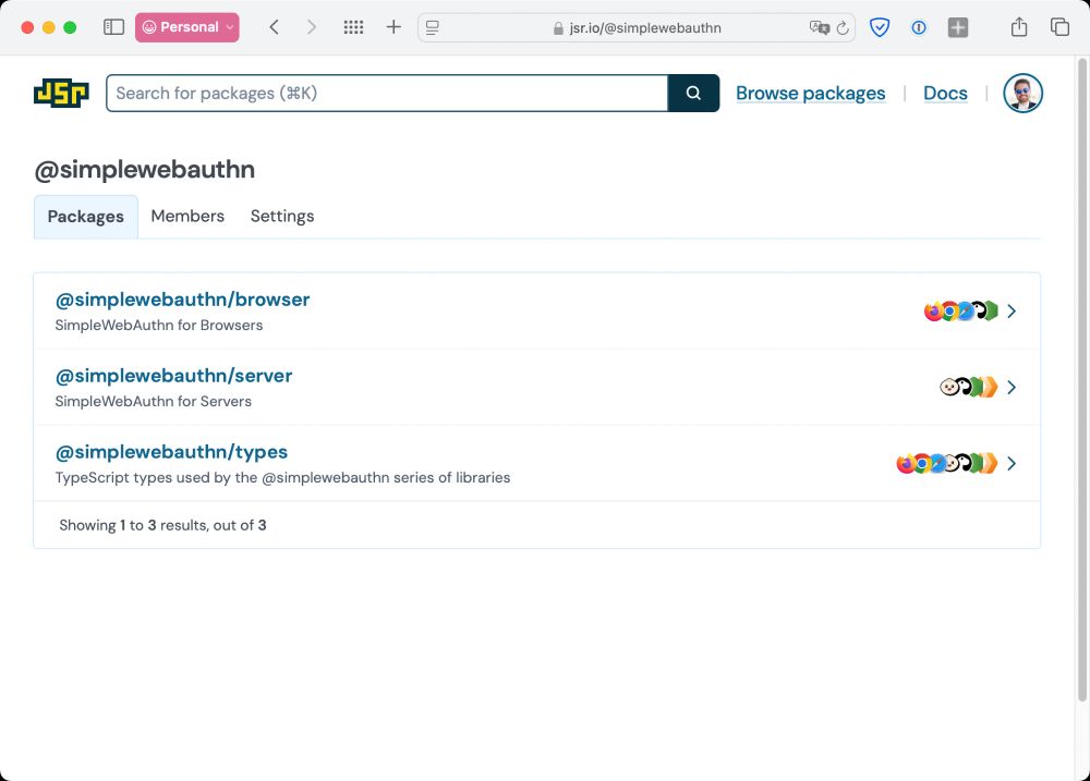 A screenshot of a browser loaded to JSR.io/@simplewebauthn. Three packages are visible: @simplewebauthn/browser, @simplewebauthn/server, and @simplewebauthn/types