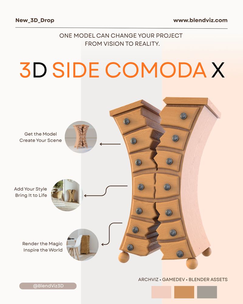 A cartoon-style 3D render of a surreal wooden furniture piece set inside a stylized interior scene. The image features the Side Comoda X model, part of the BlendViz collection, crafted for professionals working in Blender, Unreal Engine, and 3D visualization. The composition highlights the warmth and charm of stylized design, where realism meets imagination. The wooden surface reflects light softly, with subtle shadows adding dimensional depth and mood. This handcrafted digital model is an ideal asset for architectural visualization, cinematic storytelling, animation, and game design, giving each project a unique, artistic signature. Textured with 4K PBR maps, the model offers a natural wood finish with detailed grain and handcrafted imperfections. Its shape is intentionally surreal — bending and flowing as if sculpted from a dream — representing the meeting point of craftsmanship and creativity. Optimized geometry ensures smooth performance in rendering engines and real-time applications. The scene portrays the sideboard surrounded by ambient lighting and warm color tones, ideal for high-quality rendering portfolios or product presentations. Whether used as a hero object in a design showcase or part of a stylized room composition, this 3D model elevates every digital space with personality, artistry, and visual storytelling — embodying the essence of BlendViz surreal 3D craftsmanship.