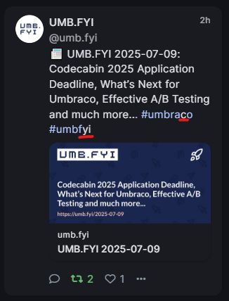 Screenshot showing the tag links being off on the latest UMB.FYI post