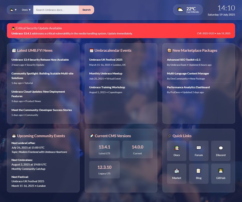 Proof of concept of a potential UMB.FYI Umbraco related homescreen dashboard highlighting key Umbraco info