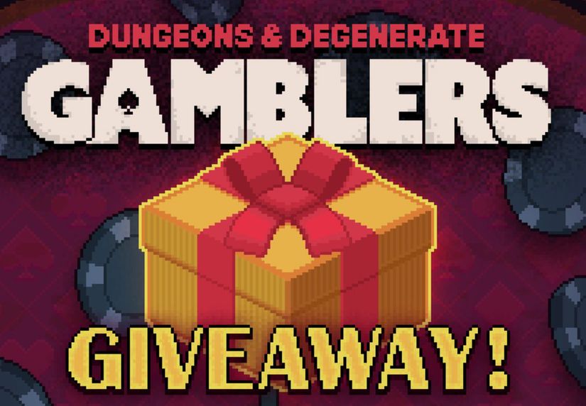 Sleek Pixel art of a casino table with some casino chips on it. In the centre is a glowing box tied with a red bow. Text reads "Dungeons & Degenerate Gamblers giveaway".