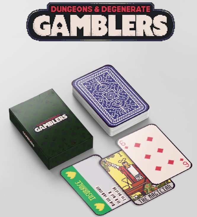 Image of real like Dungeons & Degenerate Gamblers cards. Image has the game logo at the top and a deck of cards below that features the game logo and card art.