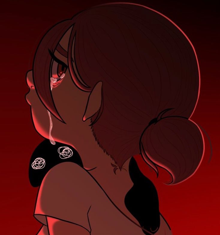 A picture from my original poster for my first proper game Cycle of Torment, featuring a chibi-fied woman looking back over her shoulder crying with a gelatinous solid black blob looking directly at the viewer