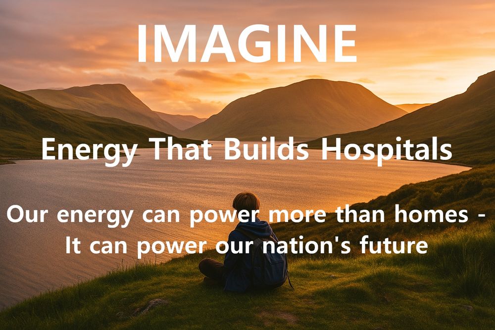 A child in a blue jacket sits on a grassy bank overlooking a calm loch at sunset, surrounded by misty hills glowing orange in the evening light. Overlaid text reads: “IMAGINE. Energy That Builds Hospitals. Our energy can power more than homes – It can power our nation's future.” 