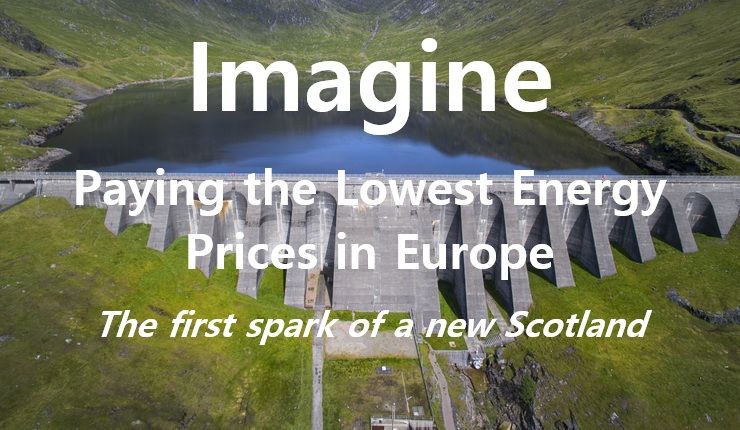 A dramatic aerial photo of the Cruachan hydroelectric dam in the Scottish Highlands, surrounded by green hills and reflecting water. Overlaid text reads: 