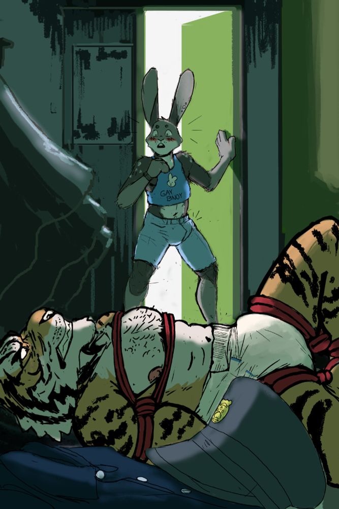 a grey black and white anthro rabbit in tight jean shorts and a blue crop top that reads gay bnoy stands at the entrance to a dingy bathroom. They are staring downward with a blush on their face and an erection pushing out against the denim of their shorts. They appear to have just entered the bathroom. the light from the open door behind him illuminates a larger bound anthro tiger, trussed up in red ropes. The tigers face is contorted into a fierce growl despite the thick diaper taped between their legs and the obvious erection threatening to break through. Laying just next to the tiger is a folded up collared shirt with a police officers hat laying on top of it. the badge on the hat catches the light.