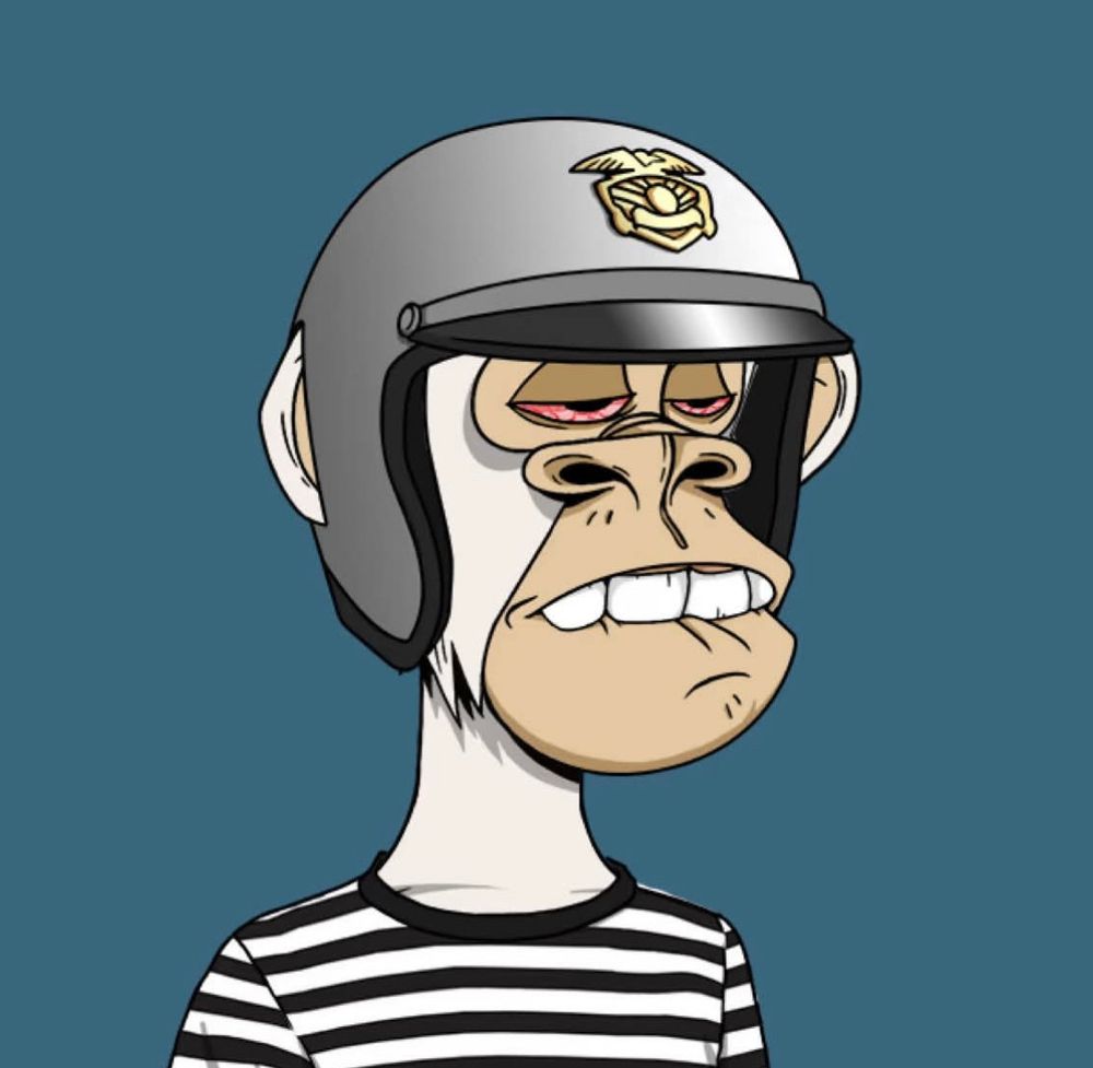 A photo of Salazar, a fucking stupid NFT ape with a motorcycle helmet and a striped shirt. He’s white and he looks like he’s actively gooning.