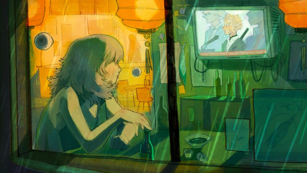 MHA fanart. Digital landscape painting of Tomie Takami watching President Hawks on TV in a bar. The colour palette is a moody green-blue and yellow. We see her through a rainy window, sitting in the foreground and playing with a beer bottle. One of her floating eyes looks out the window. She’s facing away, watching the TV where Hawks can be seen speaking into a mic, with Mera beside him.