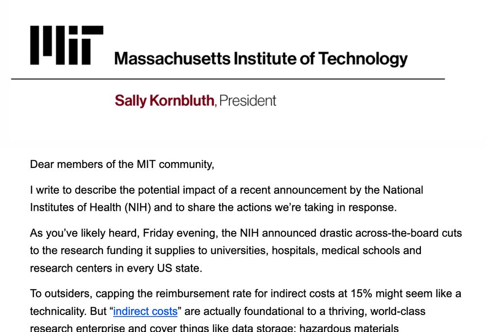 Email on MIT letterhead from Sally Kornbluth, President. Email text at link.