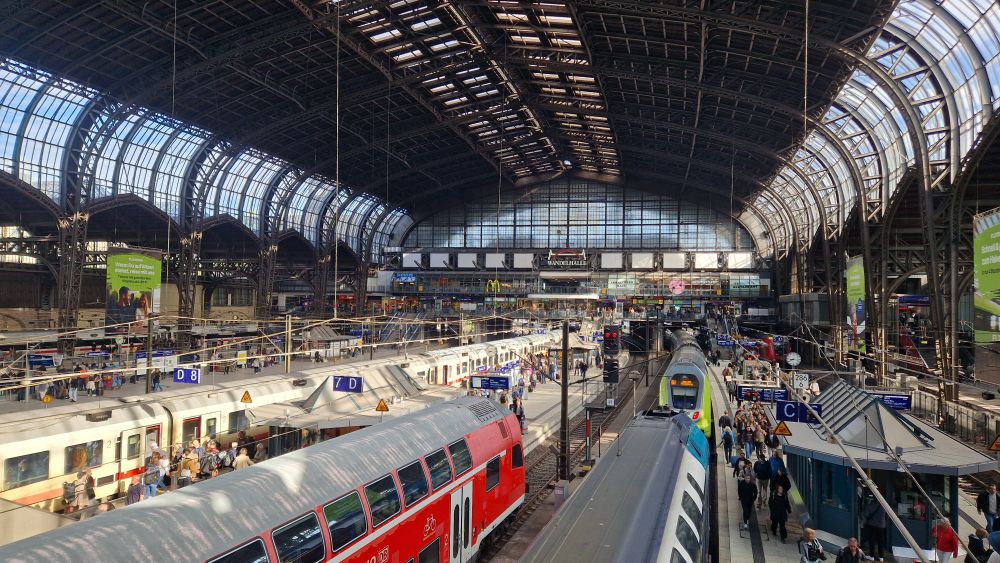 Hamburg train station with a few trains 