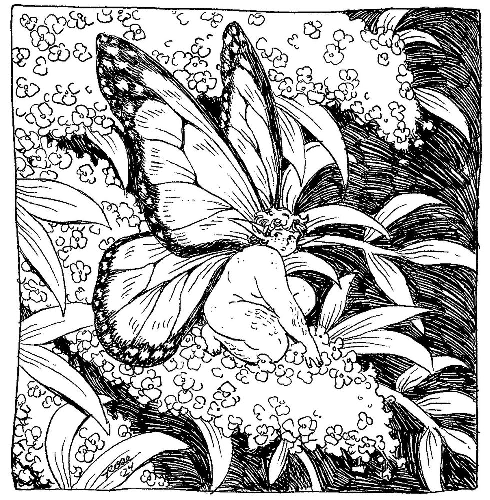 analog ink sketch of a short-haired fairy with monarch wings perched on a butterfly bush.