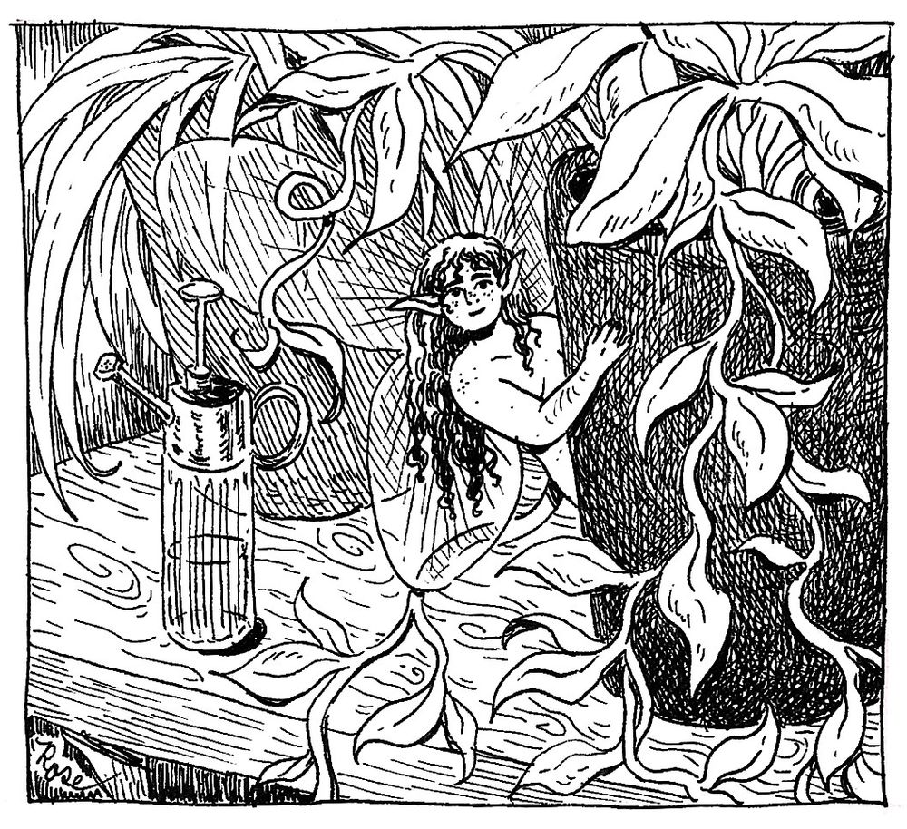 analog ink sketch of a fairy with long curly hair peeking out from behind some houseplants