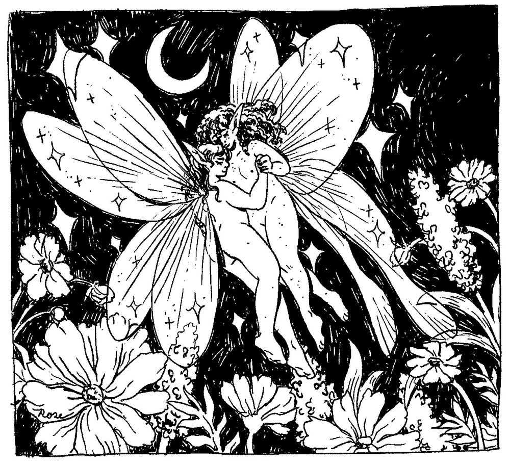 analog ink sketch of two long haired fairies sharing a moonlight dance amongst the flowers