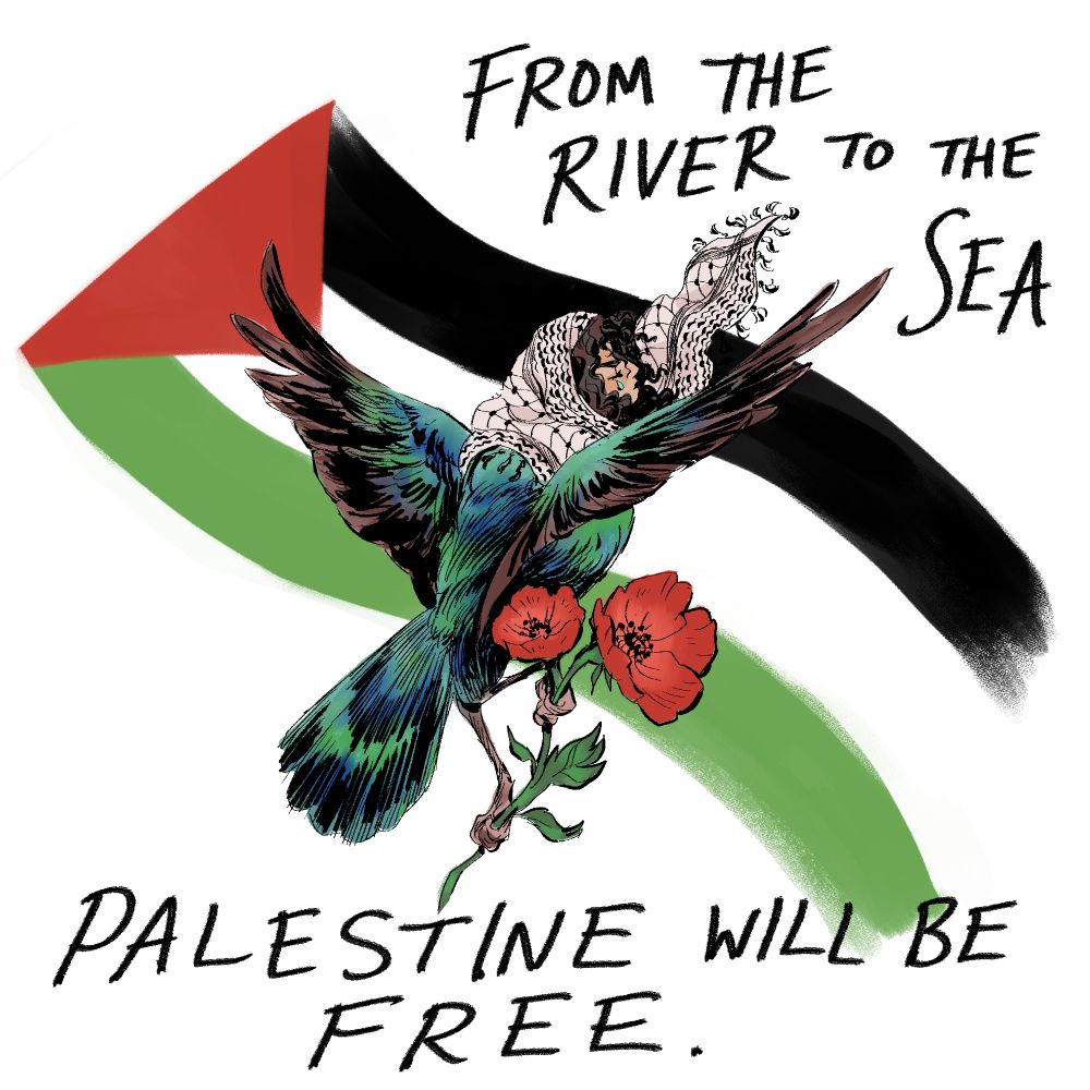 text reads "from the river to the sea, palestine will be free". a woman wearing a kuffiyeh bears the wings of a sunbird, carrying two poppy stems with the palestinian flag flying behind her, a single tear on her determined face.