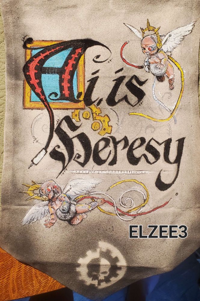 An illuminated text scroll with warhammer 40k flair that reads "A.I. is heresy" with a pair of cyborg cherubs above and below