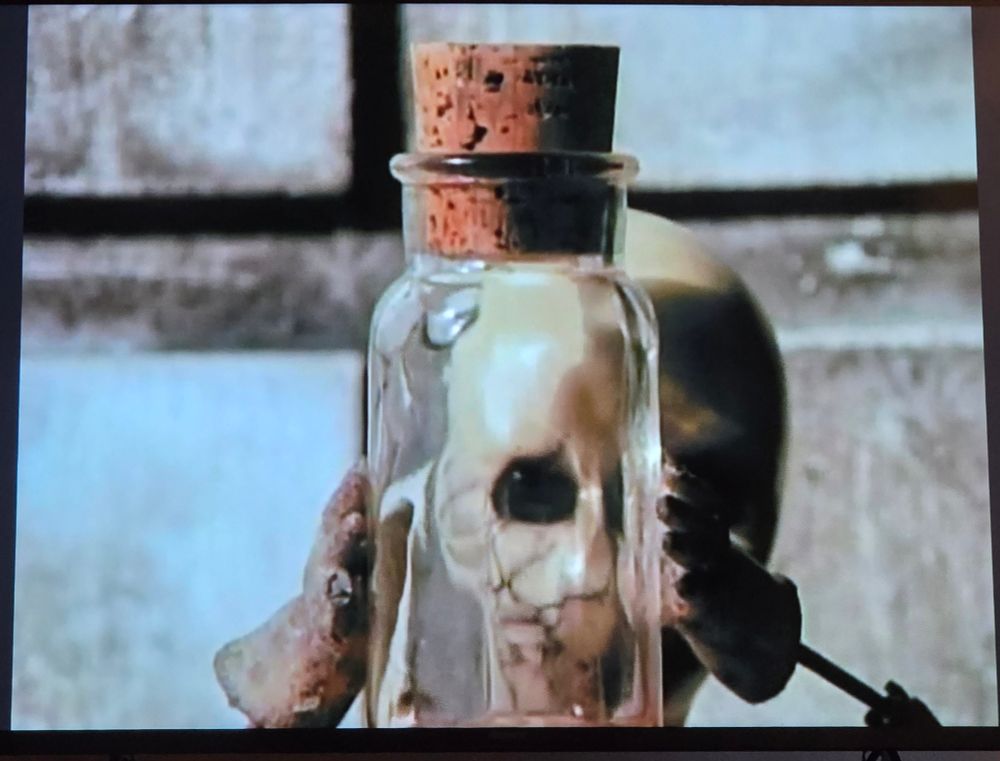 The puppet from the "prison sex" by TOOL  music video looking at a bug in a jar