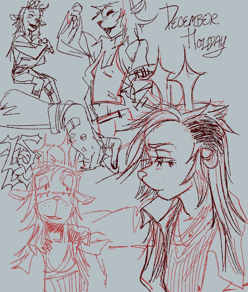 a reindeer girl with some side shaved haircuts, shaved on the top and/or sides around two tall horns with spiked ends. she usually is drawn wearing an oversized flannel, a tank top, some corded necklaces and thick rubber bracelets.