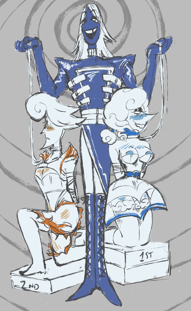 rouxls and the weather duo, with rouxls posed in the center in a latex-like version of his usual outfit and tall laced up boots. He holds a leash in each hand, with each trailing to the collar on a member of the weather duo kneeling on either side of him. Elnina is is on a podium labeled 1st and Lanino is on a podium labeled second. elnina is blushing and looking to the side proudly with her arms bound behind her, her dress is altered into a very low cut corset which shows her areolae, and a skirt with a clear layer showing thigh high fishnet stockings with a cloud motif around the upper band. Lanino is wearing a kind of assless chaps and corset with shoulder pieces and is looking toward the center of the screen in embarrassment and also excitement. Rouxls has an expression of supreme confidence, and there is a hypnotic swirl in the background centered on his head.