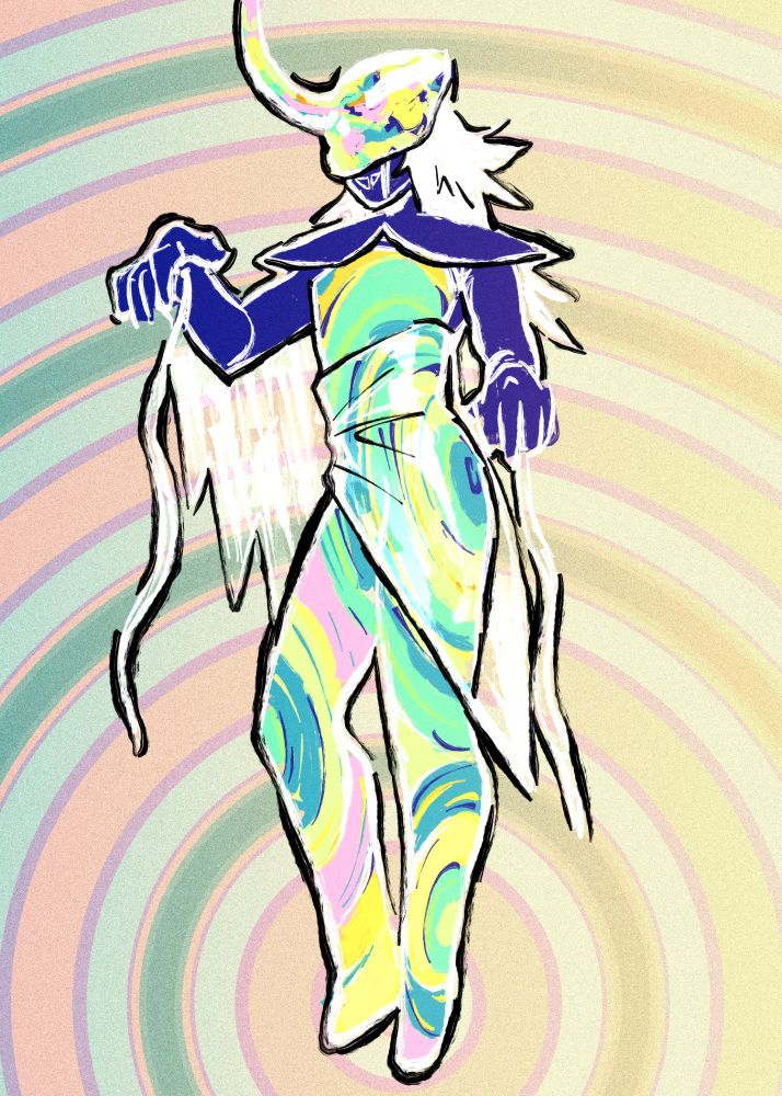 rouxls with a drone wire attached to his face, his outfit has been altered to include a zig-zag cloak under one arm, and an asymmetrical wrap around his waist canted to the opposite side. there are two wire-like tentacles extending from his palms, and his body from his feet up to his armpits is covered in ripples and dots of color. his shoulder pauldrons, sleeves, gloves, face, and hair retain their original color of blue and white. the background is also comprised of ripples of color.