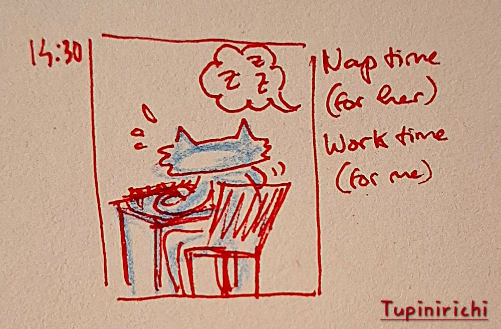 Facing backwards, I am on my little table working fast because my grandma is taking a nap now. She is not drawn in the picture but there are some Z Z Z as a sign to indicate that someone is sleeping.
On the top left corner it says 14:30
On the top right corner it says Nap time (for her) Work time (for me)