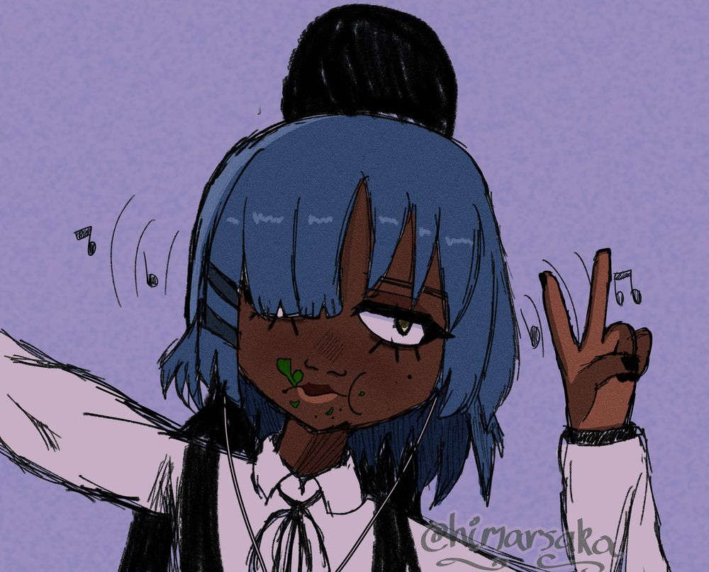 Bust art of Ryo Yamada (Bocchi the Rock) with dark skin and a neutral expresion, she's gesturing a peace sign while eating leaves and plant matter.
She's listening to music through wired earbuds and she's carrying her bass guitar inside a black case on her back.