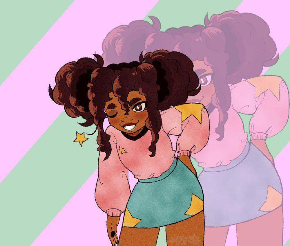 AdHadd's OC, Rria, a black girl leaning forward with a playful pose and smiling gleefully.