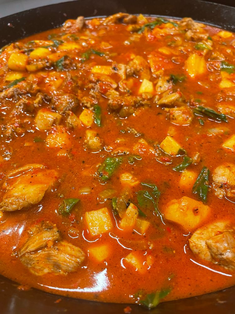 Curries are a great way to use what ever is leftover in the fridge. The green here are beetroot leaves from beetroots I baked the day before!