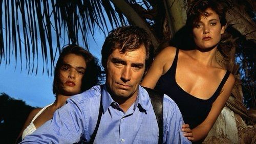 Talisa Soto, Timothy Dalton and Carey Lowell in a promotional photo for LICENCE TO KILL