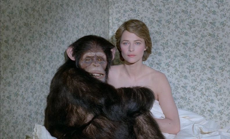 Charlotte Rampling caught in flagrante delicto with her chimpanzee lover in MAX MON AMOUR. 