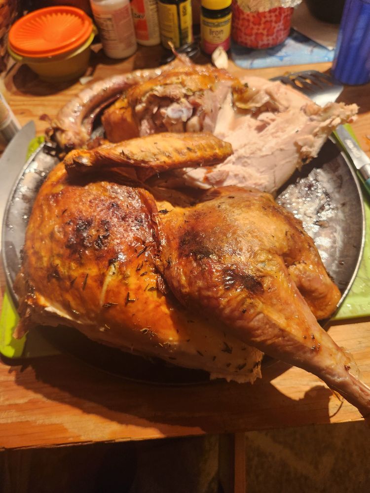 Half a turkey, spatchcocked and cooked