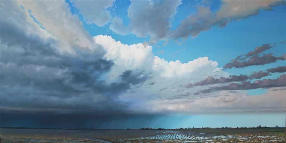 Landscape “After the rain” clouds, clouds in shadow, bright white tops, wet flat farmland with water filling the furrowed rows. 