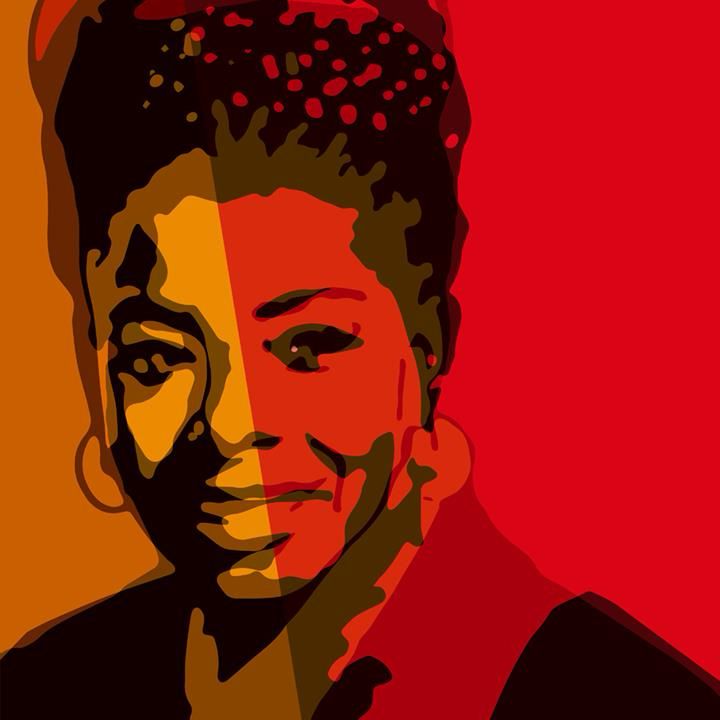 Red-orange pop-art facial mashup of American artists-poets Maya Angelou and Amanda Gorman.