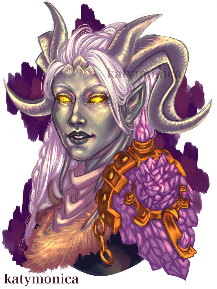 Sketch portrait of a Lightforged Draenei smiling. She has 2 pairs of horns, white hair in a ponytail and is wearing a crystal armour 
