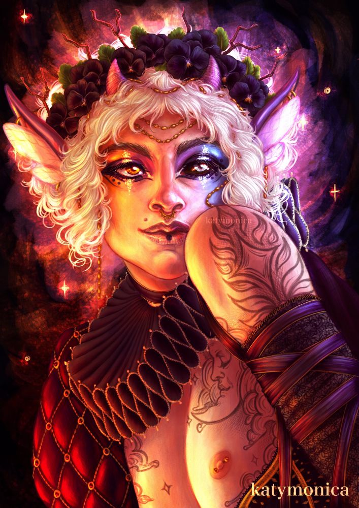 Rendered portrait of an eladrin, dressed in rich fabrics and a flower crown made from black pansies. Their eyes change under the setting sun and rising moon, and their chest and arms are tattooed. Their ears are fans of delicate fairy wings.