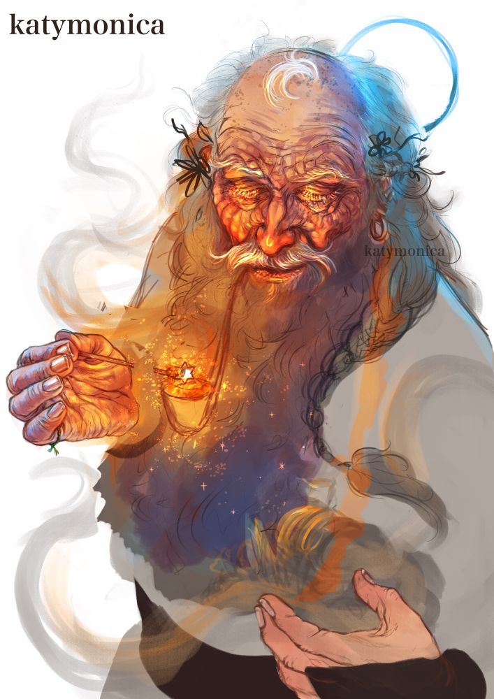 Work in progress illustration of Gandalf the Grey, smoking pipeweed and guiding a smokey ship with his hand