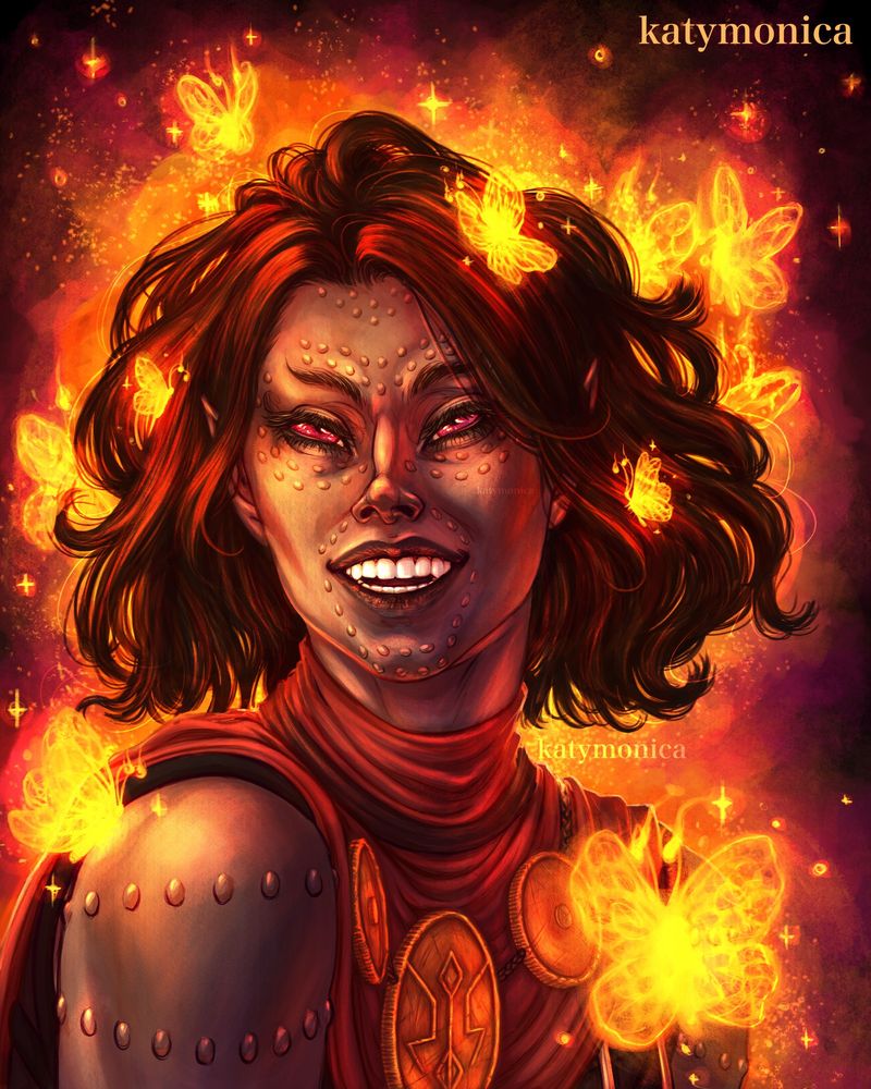 Rendered portrait of a Dunmer woman surrounded by fiery butterflies. She has grey skin, dotted scars and dark brown hair cut into a short bob