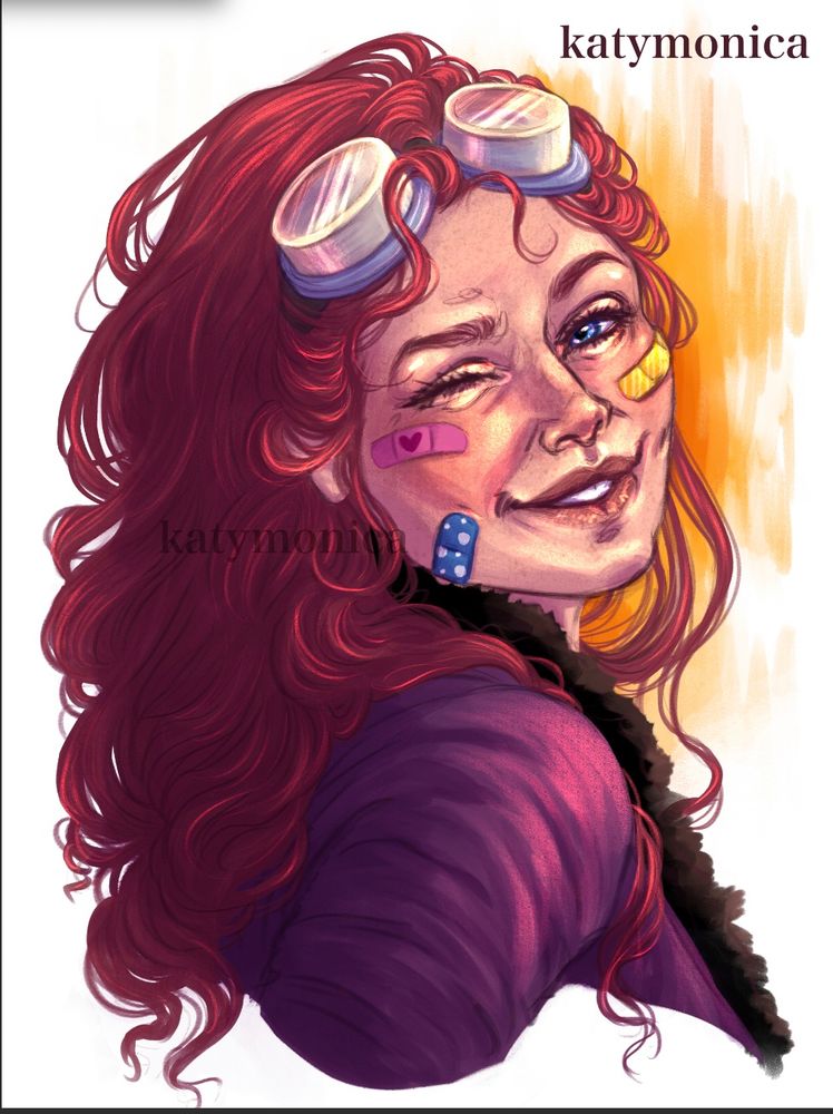 Sketched portrait of a girl winking and smiling over her shoulder. She’s wearing goggles on her head, a purple coat and her face is covered in colourful plasters