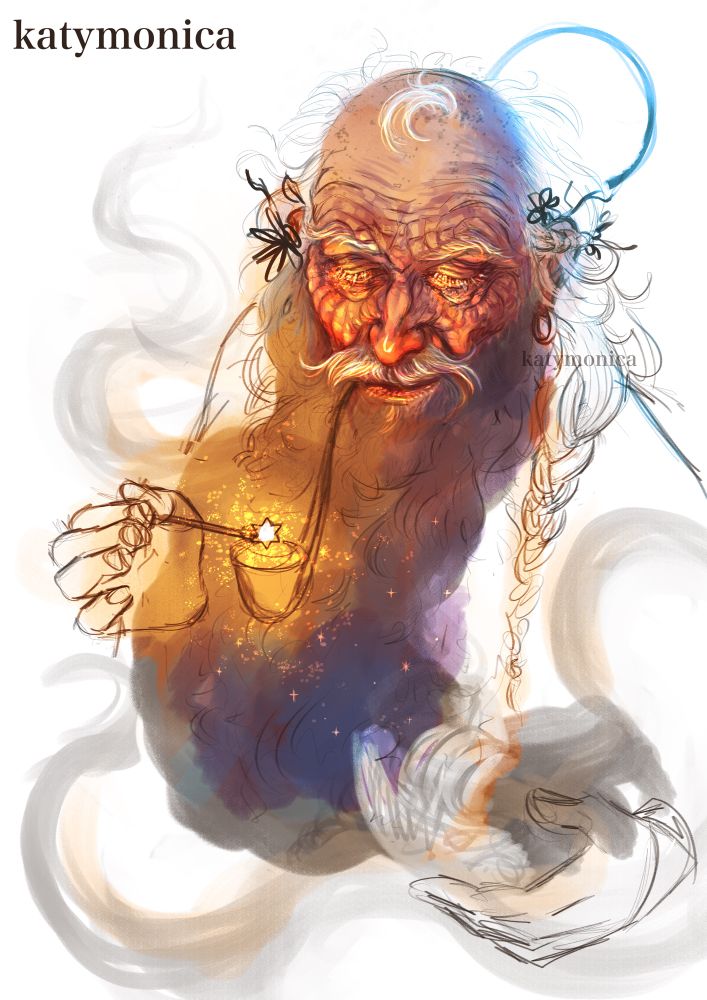 Partially-rendered sketch of Gandalf lighting a pipe, which sparks stars that are being followed by a small spectral boat that floats along the plumes of smoke