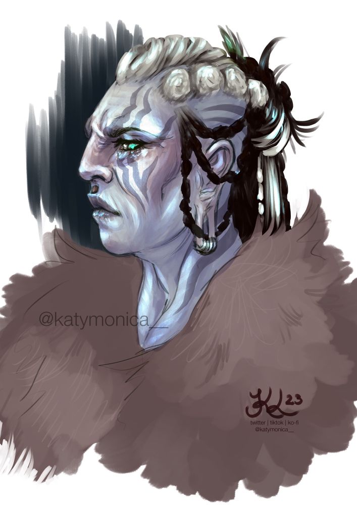 Sketch of a stern-looking Goliath woman with braided hair, wearing furs