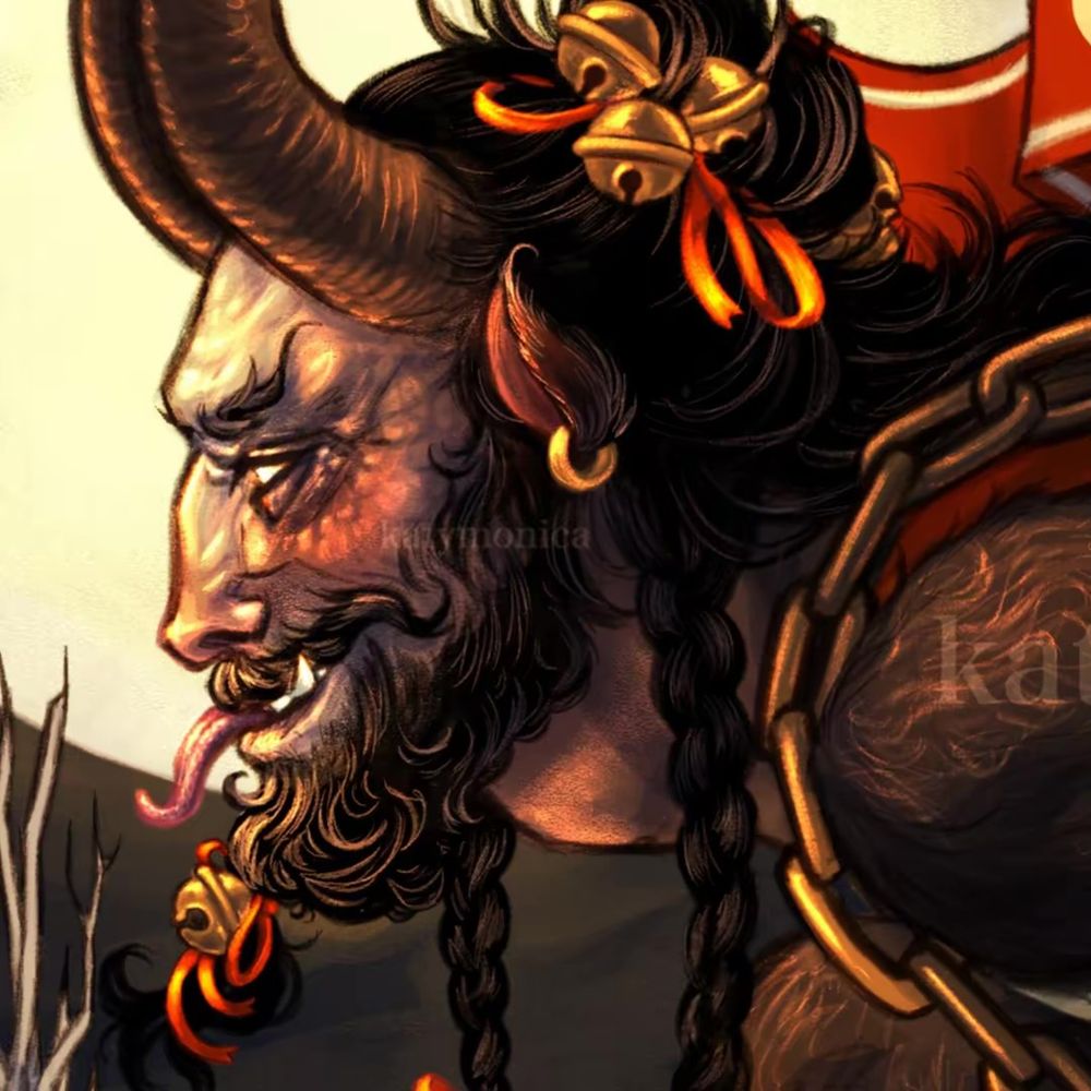 Zoomed in shot of Krampus, face in profile against the moon. He sticks his tongue out with a sly grin with fanged teeth. He has the large horns and ears of a goat. His long hair and beard are decorated with ribbons and bells.