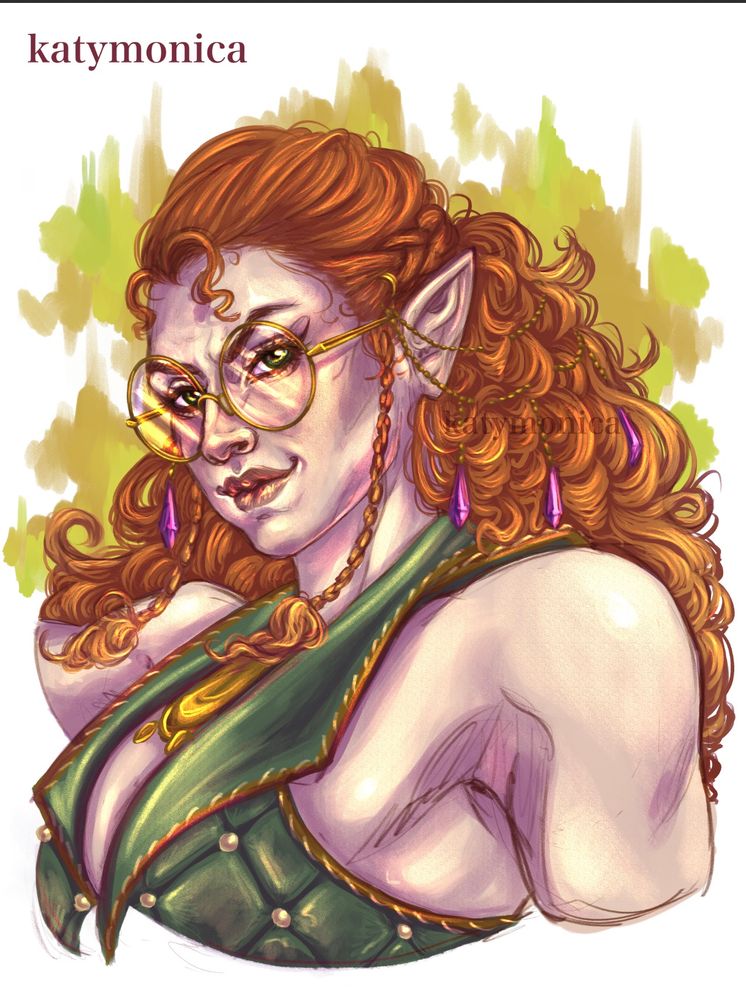 Sketch portrait of a ginger-haired woman with a determined smile. She is wearing round glasses and a padded, green shirt, with crystals hanging in her hair