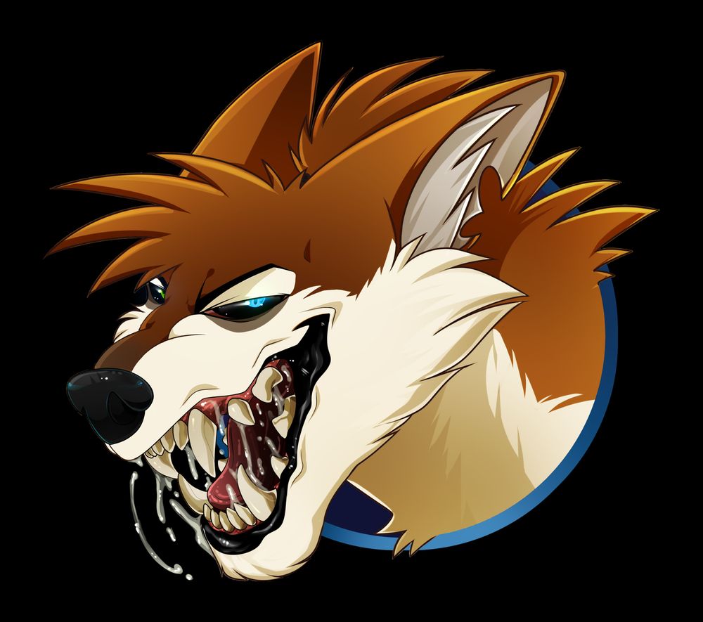 A headshot of Ruka, drooling and showing his fangs with a malicious grin