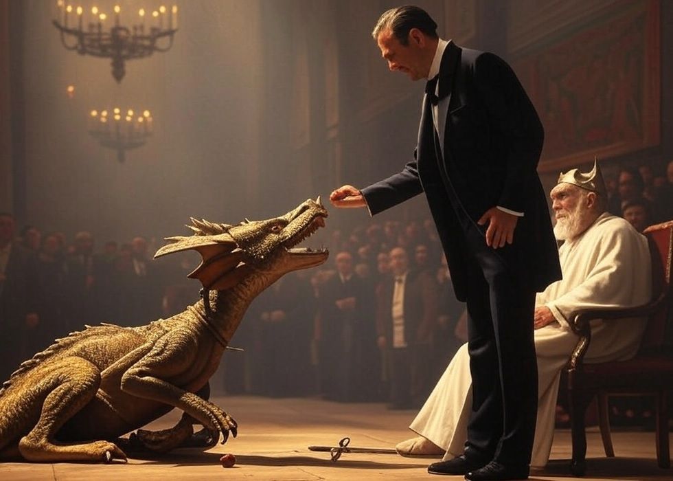 A gray-haired gentleman in a 19th-century dark suit is feeding an apple to a pet dragon sitting on the floor with its mouth open, behind which an old king in a plain white robe in a chair is staring at the air while his sword is laid on the floor, which is surrounded by audience in the hall.
