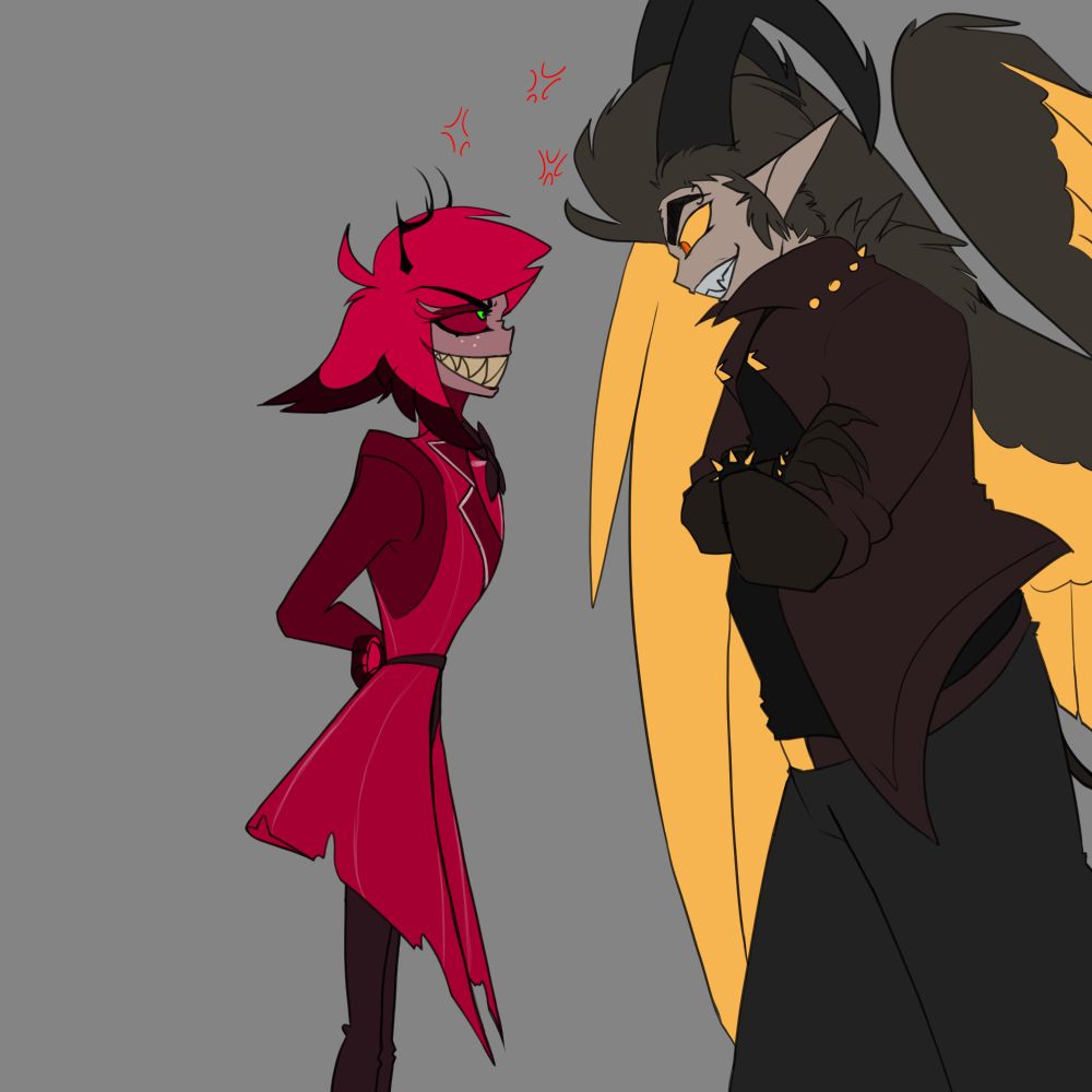 Alastor (Hazbin Hotel) and Adam (Hazbin Hotel) exchanging angered glares, masked by unconvincing smiles